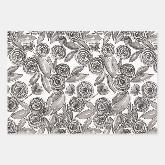 Modern Black White Floral Waterverf Pattern Inpakpapier Vel (Voorkant 2)