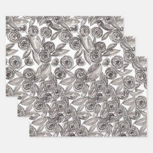 Modern Black White Floral Waterverf Pattern Inpakpapier Vel