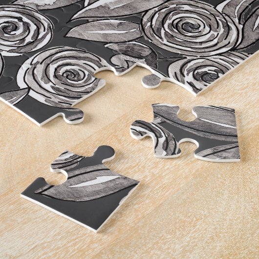 Modern Black White Floral Waterverf Pattern Legpuzzel (Zijkant)