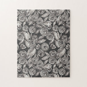 Modern Black White Floral Waterverf Pattern Legpuzzel