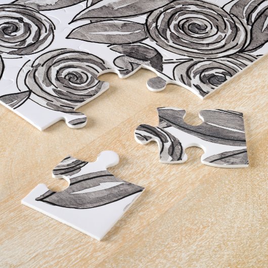 Modern Black White Floral Waterverf Pattern Legpuzzel (Zijkant)