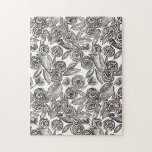 Modern Black White Floral Waterverf Pattern Legpuzzel