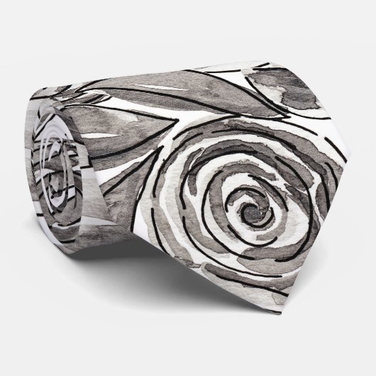 Modern Black White Floral Waterverf Pattern Stropdas (Opgerold)