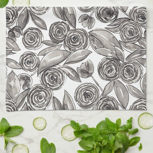 Modern Black White Floral Waterverf Pattern Theedoek (Gevouwen)