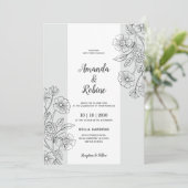 Modern Black & White Floral Wedding Invitation Kaart (Staand voorkant)