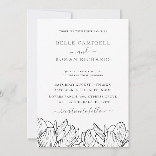 Modern Black & White Floral Wedding Invitation Kaart (Voorkant)
