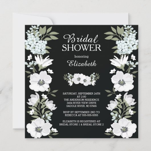 Modern Black White Flower Bridal Shower Kaart (Voorkant)