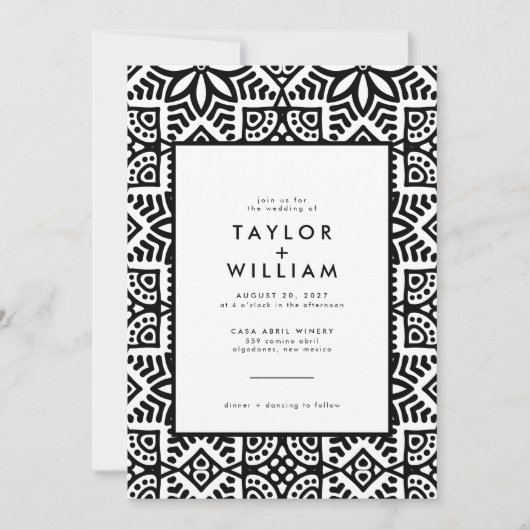 Modern Black White Folk Floral Wedding Kaart (Voorkant)