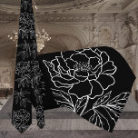 Modern Black & White Garden Peony Wedding Stropdas<br><div class="desc">Een moderne witte en zwarte bruiloft stropdas met een stevige zwarte achtergrond met een witte omtrek van een tuinpperie met bladeren.</div>