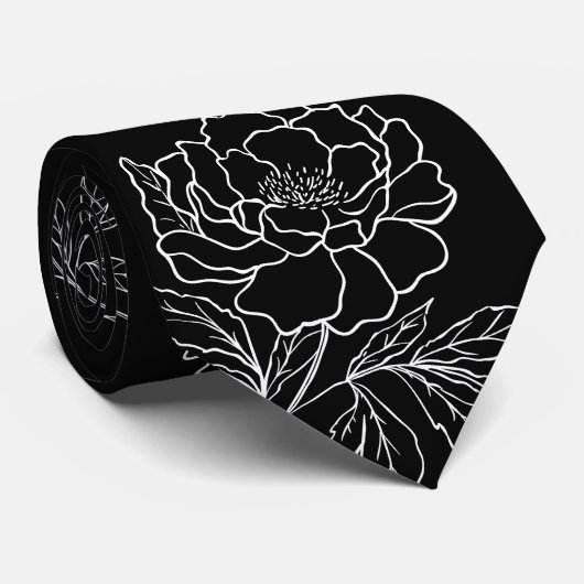 Modern Black & White Garden Peony Wedding Stropdas (Opgerold)