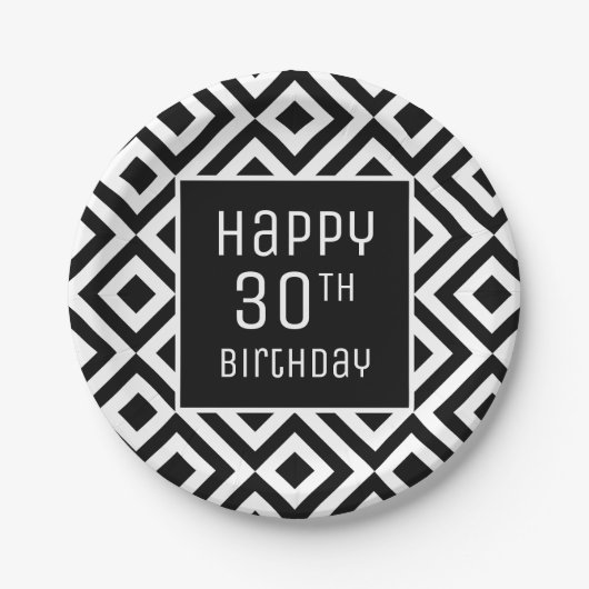 Modern Black White Geometric 30th Birthday Party Papieren Bordje (Voorkant)