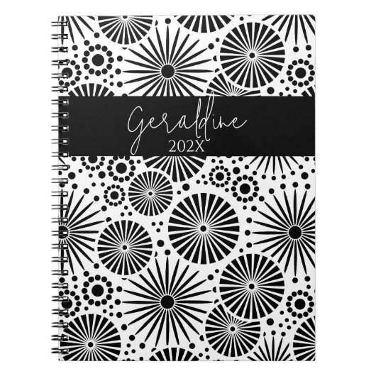 Modern black white geometric starburst Name Notitieboek (Voorkant)