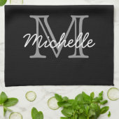 Modern Black White, gepersonaliseerde naam, monogr Theedoek (Gevouwen)