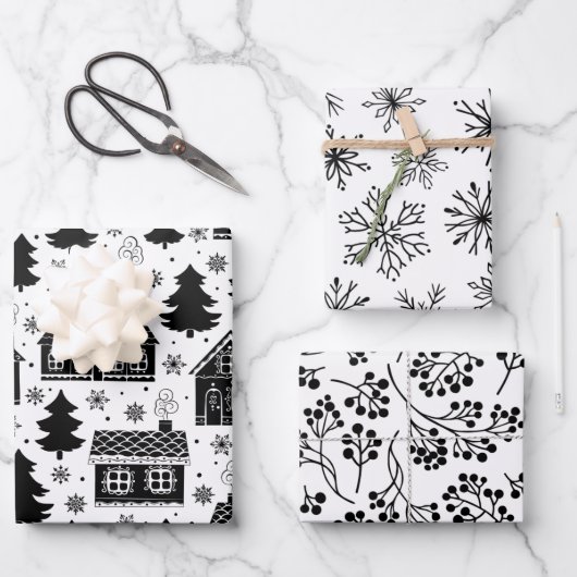 Modern Black White Gingerbrood house kerst Inpakpapier Vel (Voorkant)