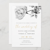 Modern Black White Gold Hand-Drawn Roos Wedding Kaart (Voorkant / Achterkant)