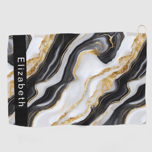 Modern Black White Gold Marble Personalized Golfhanddoek (Horizontaal)