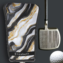 Modern Black White Gold Marble Personalized Golfheadcover