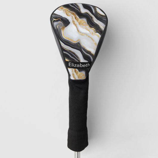 Modern Black White Gold Marble Personalized Golfheadcover (Voorkant)