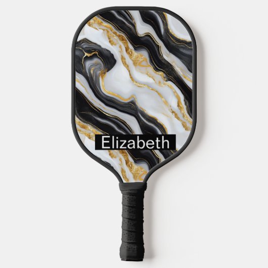 Modern Black White Gold Marble Personalized Pickleball Paddle (Achterkant)