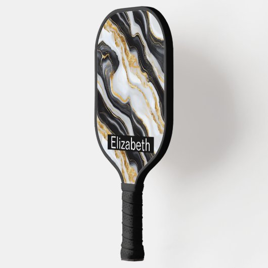 Modern Black White Gold Marble Personalized Pickleball Paddle (Links)