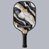 Modern Black White Gold Marble Personalized Pickleball Paddle