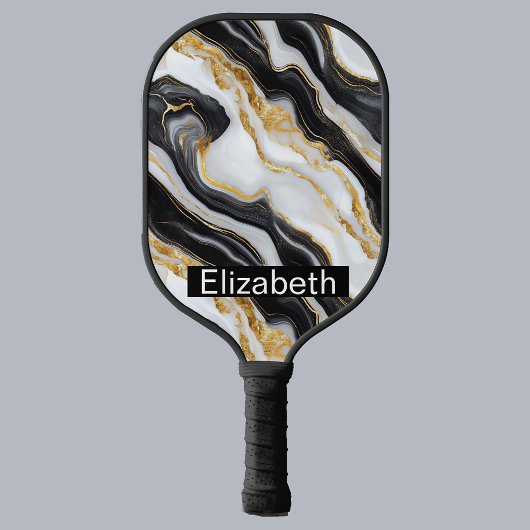 Modern Black White Gold Marble Personalized Pickleball Paddle