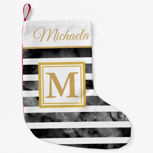Modern Black White Gold Monogram Initiaal Naam Kleine Kerstsok (Voorkant)
