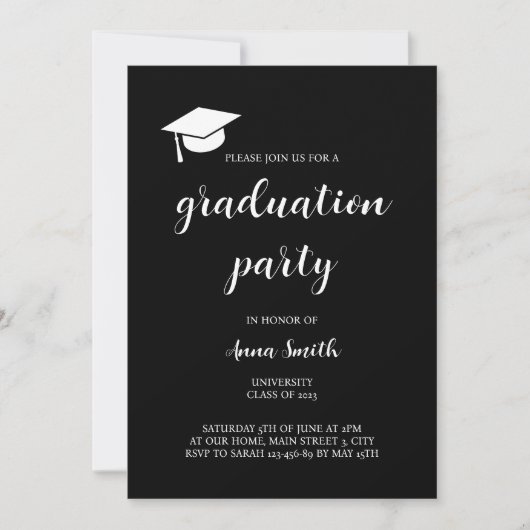 Modern Black White Graduation Party Invitation Kaart (Voorkant)