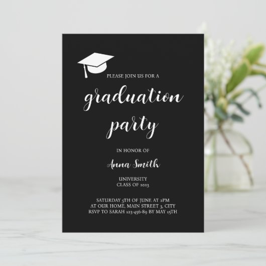 Modern Black White Graduation Party Invitation Kaart (Staand voorkant)
