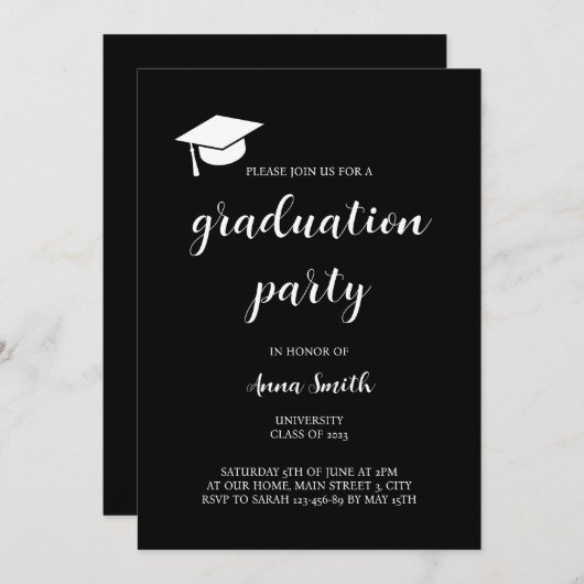 Modern Black White Graduation Party Invitation Kaart (Voorkant / Achterkant)