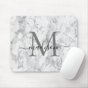 Modern Black White Gray Marble Monogram Script Muismat