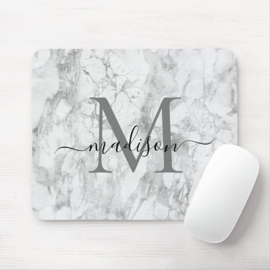 Modern Black White Gray Marble Monogram Script Muismat (Met muis)