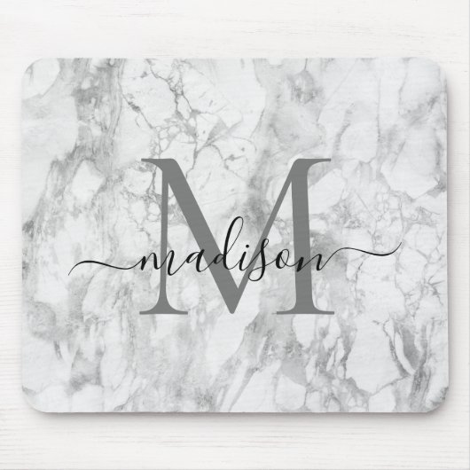 Modern Black White Gray Marble Monogram Script Muismat (Voorkant)