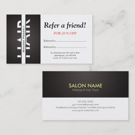 Modern Black White Hair Makeup Verwijs een Vriend  Aanbevelingskaartje (Voorkant / Achterkant)