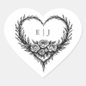 Modern Black White Hand drawn Floral Wedding Hart Sticker (Voorkant)
