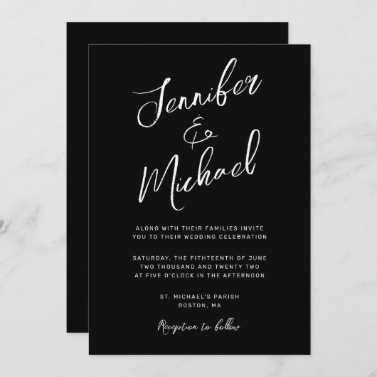 Modern Black White Hand Lettered Script Wedding Kaart (Voorkant / Achterkant)