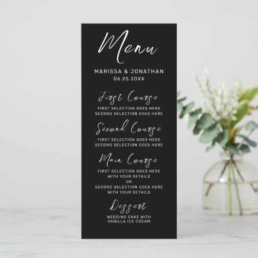 Modern Black White Hand Lettered Script Wedding Menu (Staand voorkant)