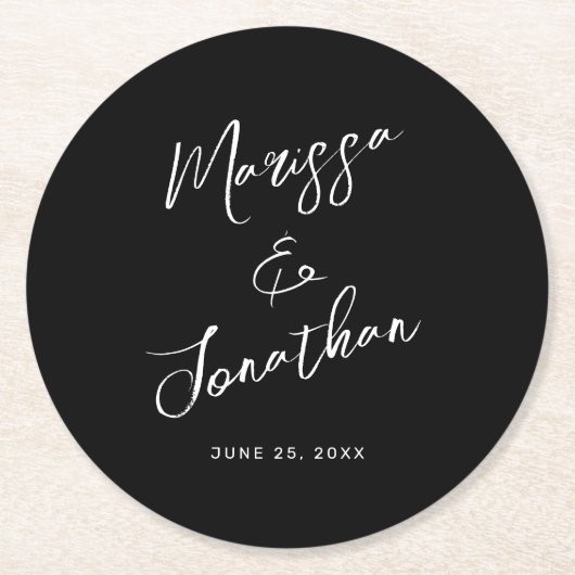 Modern Black White Hand Lettered Script Wedding Ronde Kartonnen Onderzetter (Voorkant)