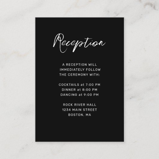 Modern Black White Hand Lettered Wedding Reception Informatiekaartje (Voorkant)
