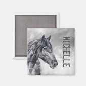 Modern Black White Horse Name Waterverf Magnet (Voorkant / Achterkant)