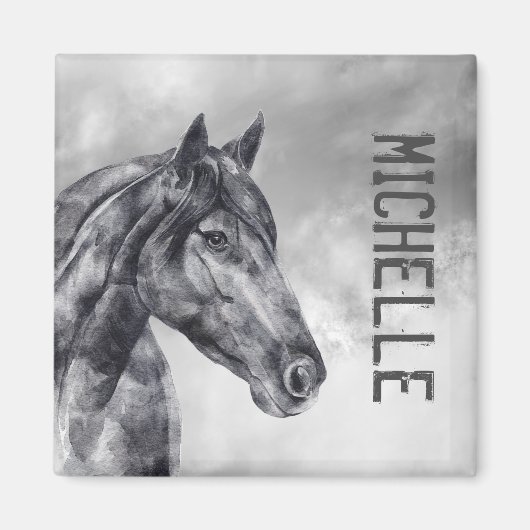 Modern Black White Horse Name Waterverf Magnet (Voorkant)