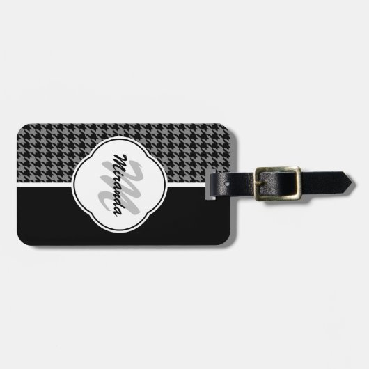 Modern Black White Houndstooth Monogram en naam Bagagelabel (Voorkant horizontaal)