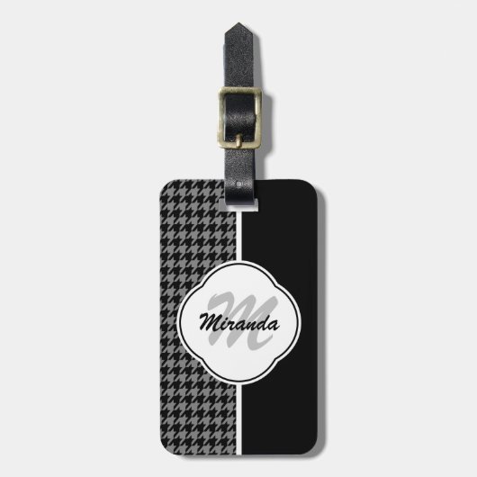 Modern Black White Houndstooth Monogram en naam Bagagelabel (Voorkant verticaal)