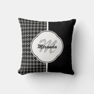 Modern Black White Houndstooth Monogram en naam Kussen