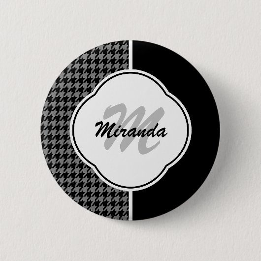 Modern Black White Houndstooth Monogram en naam Ronde Button 5,7 Cm (Voorkant)