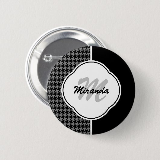 Modern Black White Houndstooth Monogram en naam Ronde Button 5,7 Cm (Voorkant /achterkant)
