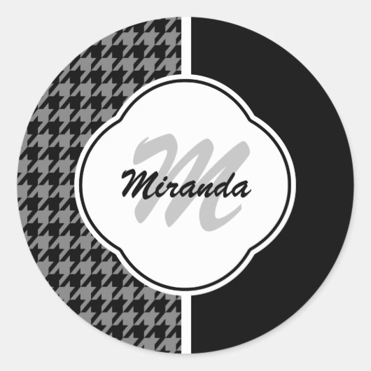 Modern Black White Houndstooth Monogram en naam Ronde Sticker (Voorkant)