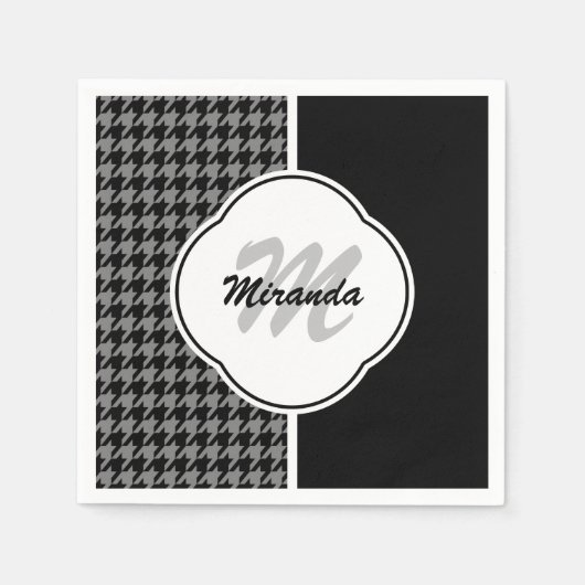 Modern Black White Houndstooth Monogram en naam Servet (Voorkant)