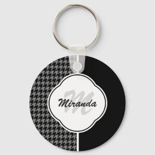 Modern Black White Houndstooth Monogram en naam Sleutelhanger