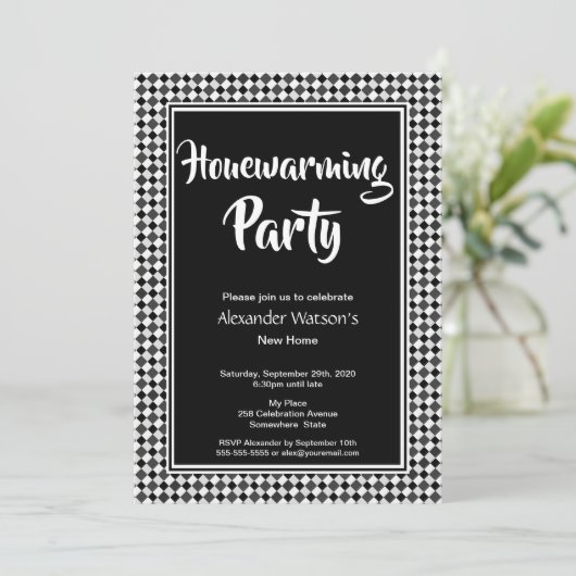 Modern Black White Housewarming Party Kaart (Staand voorkant)